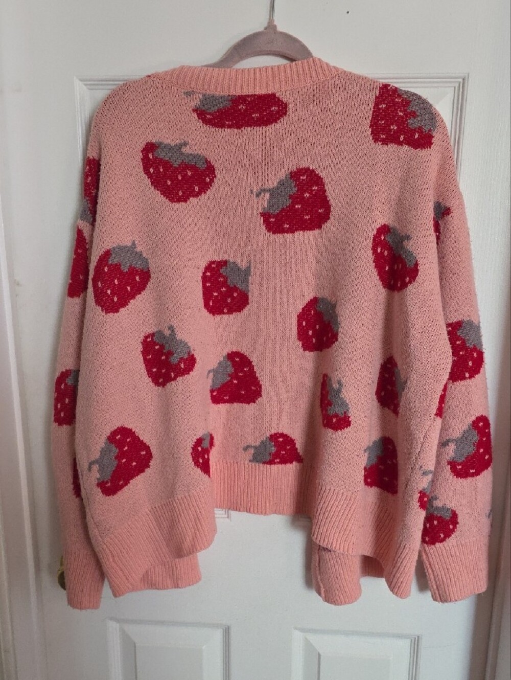 SHEIN Pink Strawberry Print Open-Front Cardigan - Picture 3 of 5